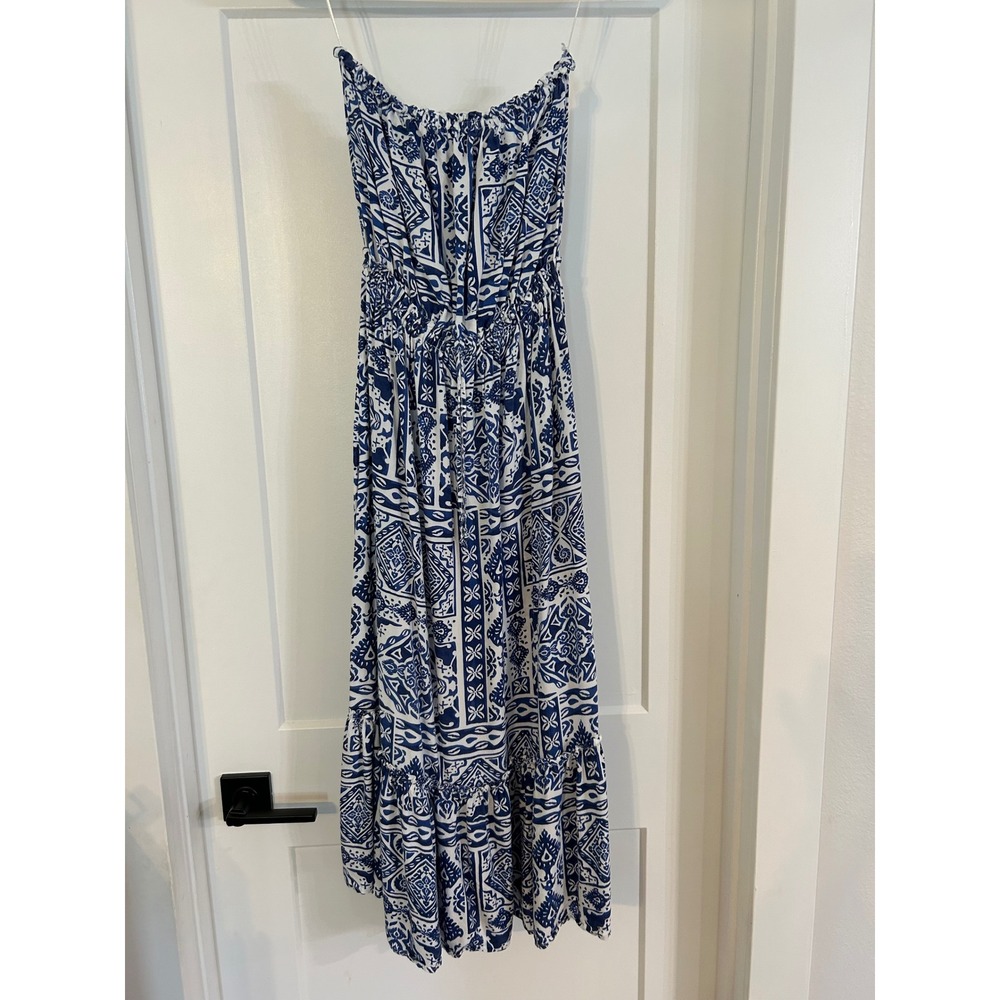 Salty Lemon Blue White Tile Print Strapless Smocked Maxi Dress Small coastal